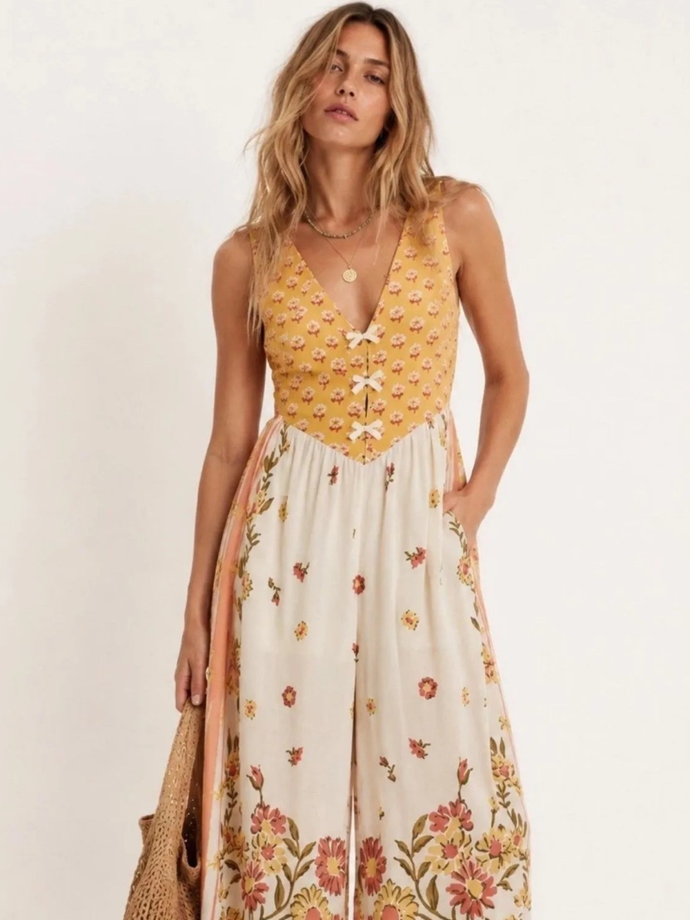 LARGE NWOT FREE PEOPLE BALI HONEYDEW JUMPSUIT ROMPER FLORAL WIDE LEG